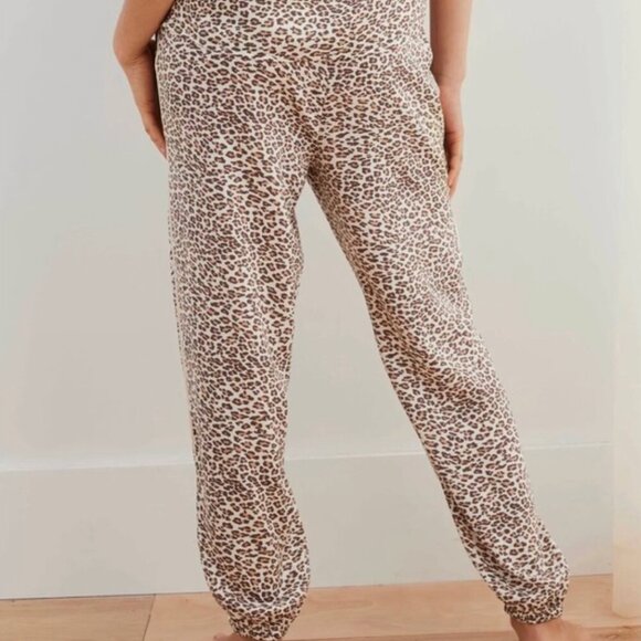 AERIE AMERICAN EAGLE Satin Jogger Lounge Pant Cream Brown Cheetah Leopard Pajama - Picture 3 of 14